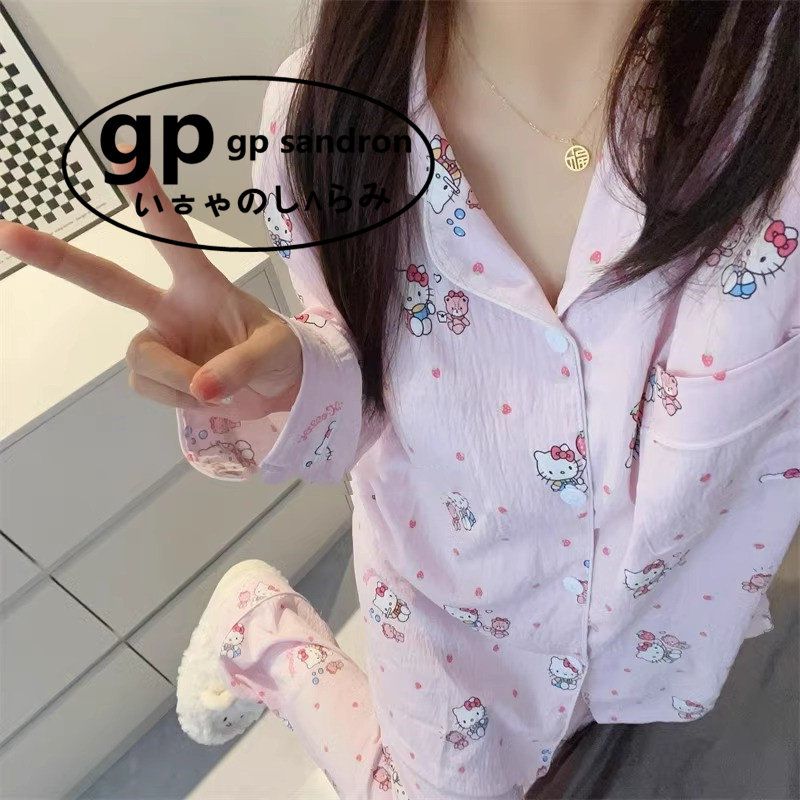 日本gp睡衣女带胸垫卡通粉长袖