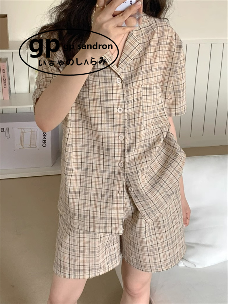 日本gp格子睡衣女韩版宽松家居服