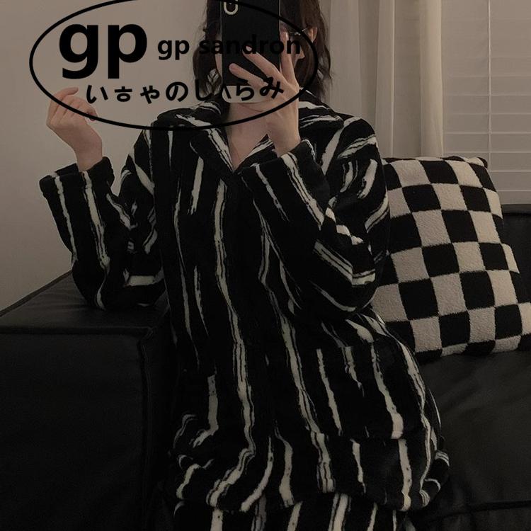 日本GP条纹冬季珊瑚绒睡衣套装