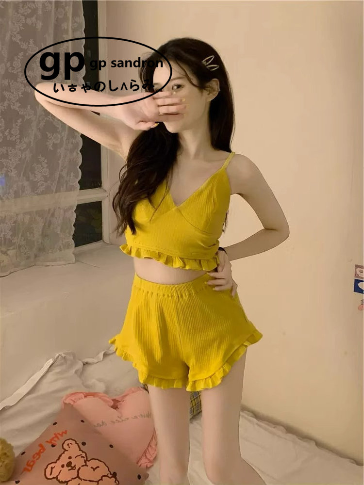 日本小众gp睡衣女夏天吊带短裤两件套小个子黄色背心家居服带胸垫