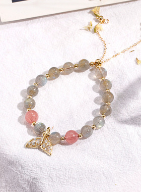 巴度草莓晶水晶手链个性鱼尾设计韩版月光石手镯女甜美简约手饰潮