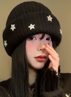 日本代购星黑色针织帽冬季显脸小包头冷帽加厚保暖大头围毛线帽子
