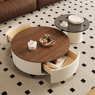 意式轻奢奶油风家用客厅小户型茶几高级胡桃木色圆形沙发茶几组合
