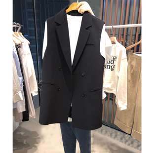 小个子中长款修身马甲女春秋新品韩版双排扣坎肩无袖西装马夹外套