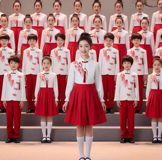 中国风儿童红色合唱朗诵演出服