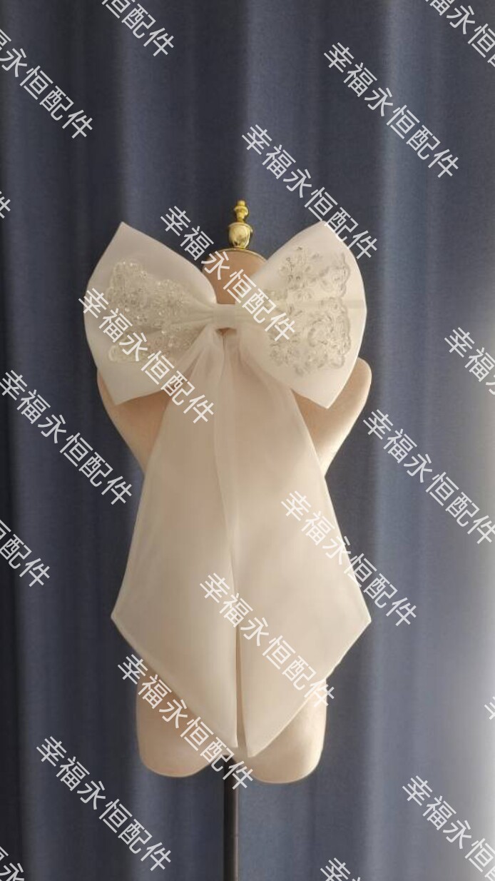 手工蕾丝钉珠大蝴蝶结发夹婚纱后脑勺飘带新娘白色礼服配饰欧根纱