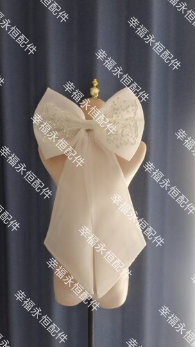 手工蕾丝钉珠大蝴蝶结发夹婚纱后脑勺飘带新娘白色礼服配饰欧根纱