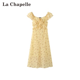拉夏贝尔/La Chapelle秋季新款法式复古风碎花系带收腰气质连衣裙