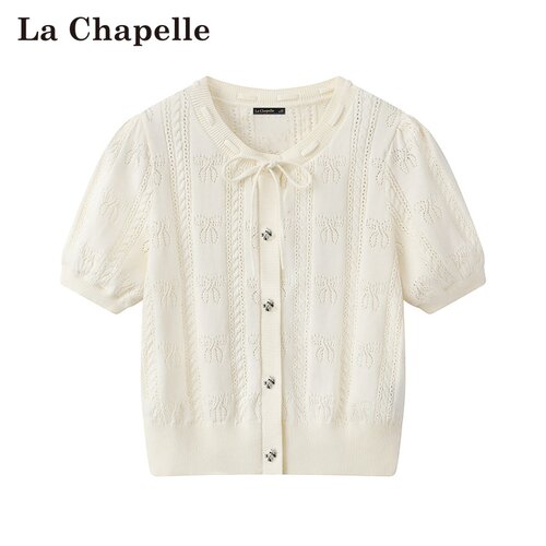 拉夏贝尔/La Chapelle春夏新款通勤风圆领系带短款镂空针织衫短袖