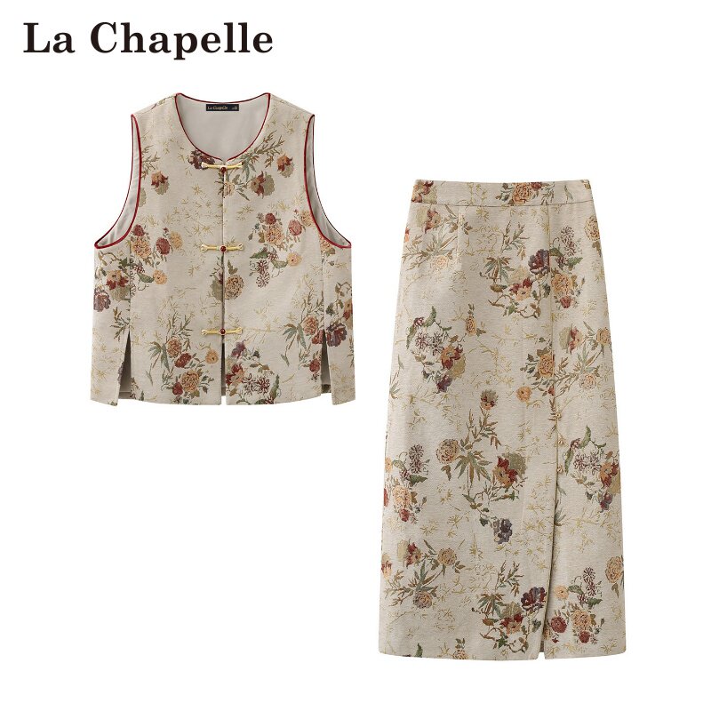 拉夏贝尔/La Chapelle春季新款中国风提花马甲外套两件套半身裙女