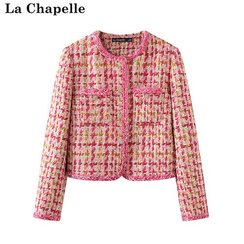 拉夏贝尔/La Chapelle新款2025春秋季小香风短外套织带边甜美上衣