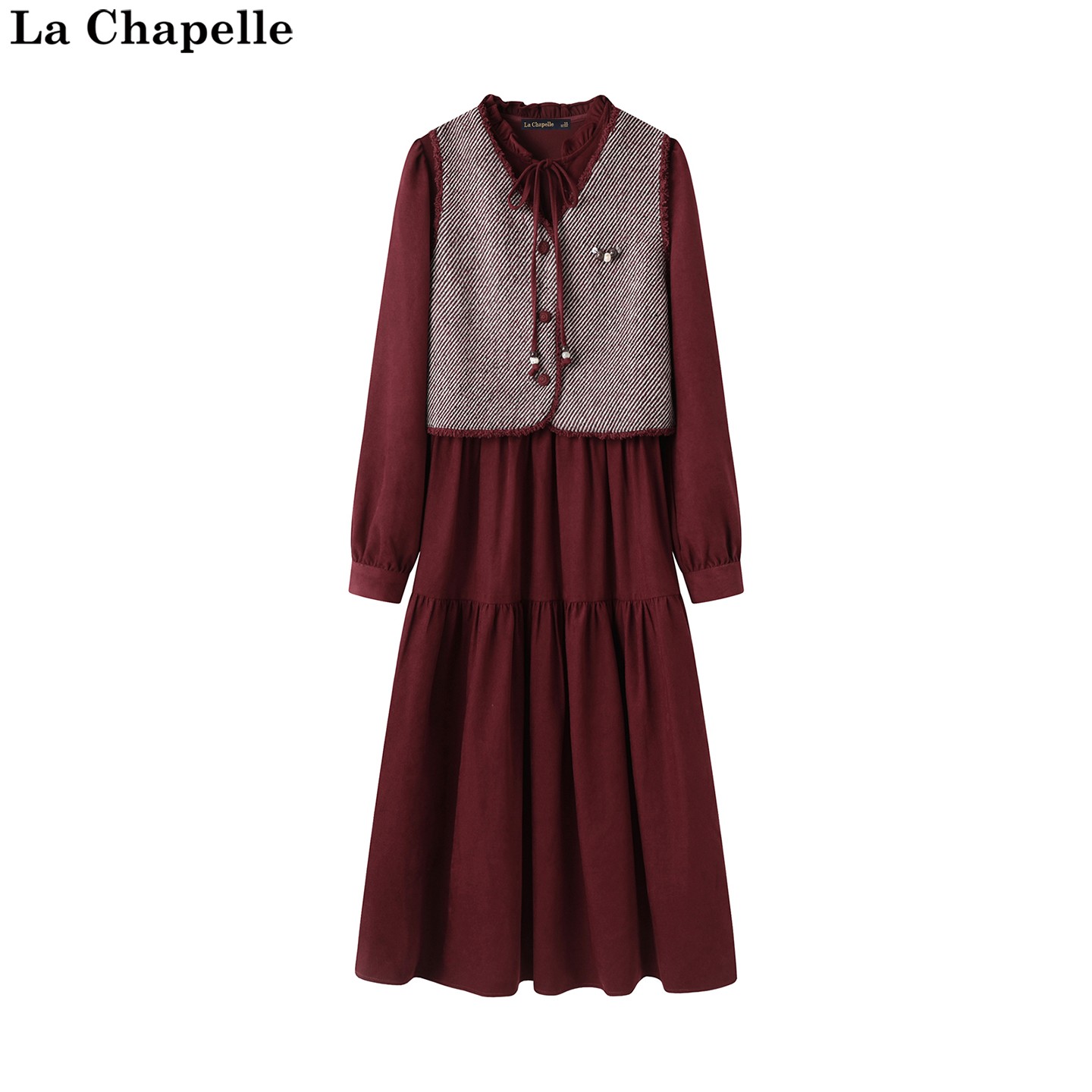 拉夏贝尔/La Chapelle秋季新款V领无袖马甲立领长袖连衣裙套装女