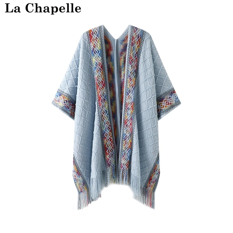 拉夏贝尔/La Chapelle新款民族风拼色菱格流苏针织披肩外套罩衫女