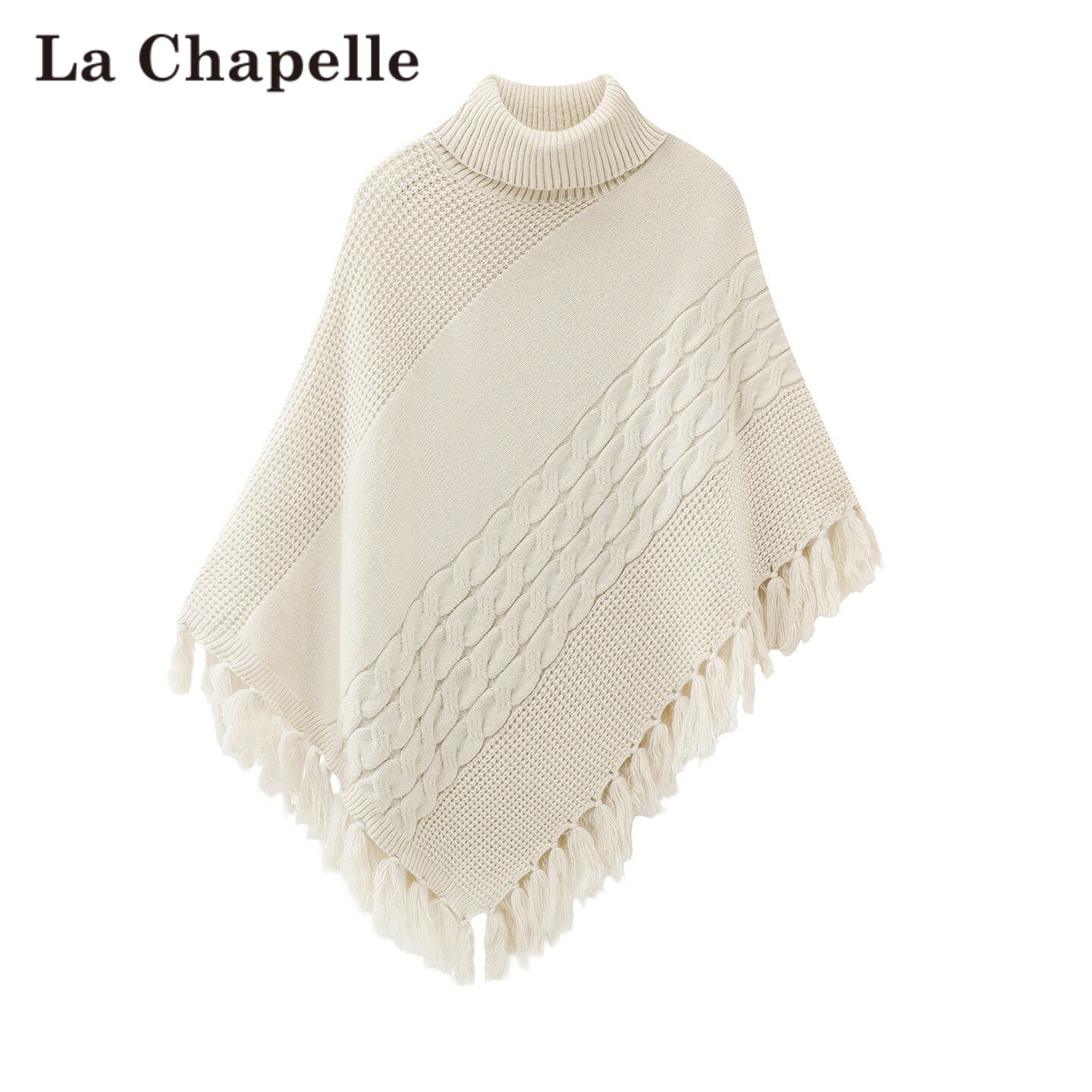 拉夏贝尔/La Chapelle慵懒风高领流苏针织斗篷披肩女秋冬宽松毛衣