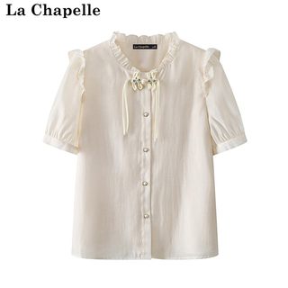 拉夏贝尔/La Chapelle新款国风盘扣温柔花边领短袖衬衫新中式上衣