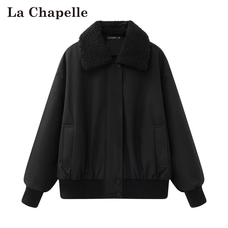拉夏贝尔/La Chapelle秋冬新款纯色翻领工装风夹棉厚款夹克外套女