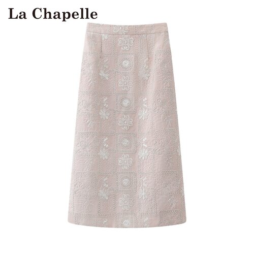 拉夏贝尔/La Chapelle春季新款温柔风高腰刺绣A字通勤气质半身裙