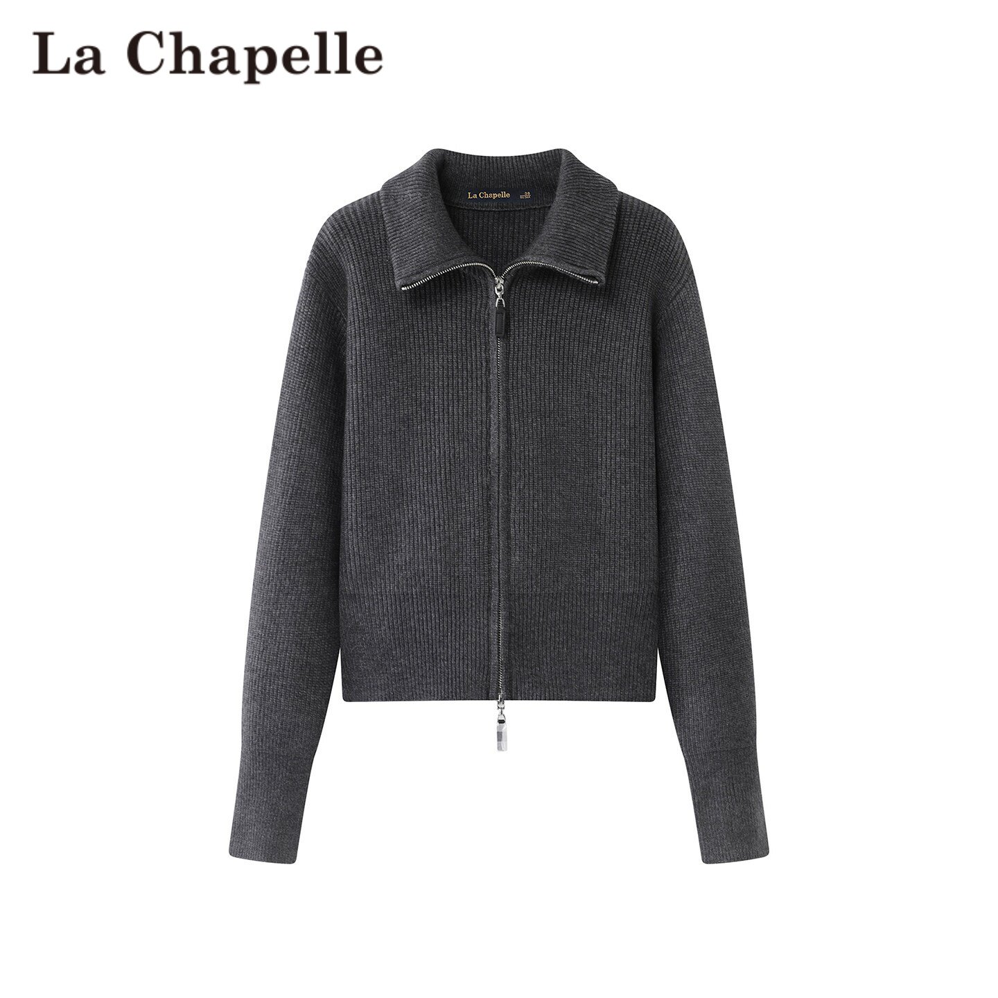 拉夏贝尔/La Chapelle灰色翻领拉链针织开衫秋冬时尚百搭毛衣外套