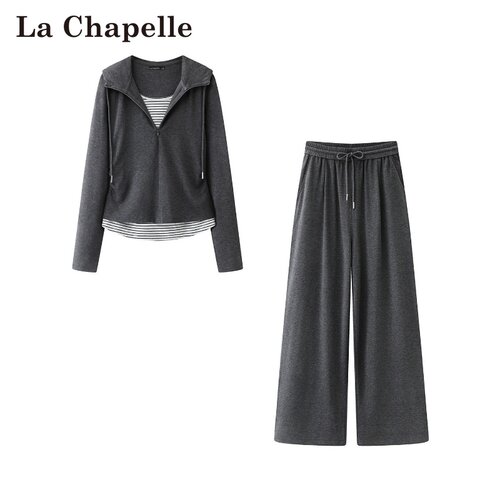 拉夏贝尔/La Chapelle春季新款韩式两件套连帽假两件上衣休闲裤女