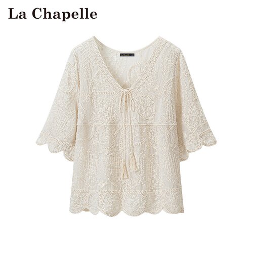拉夏贝尔/La Chapelle春夏新款套头V领系带休闲风刺绣短袖衬衣女