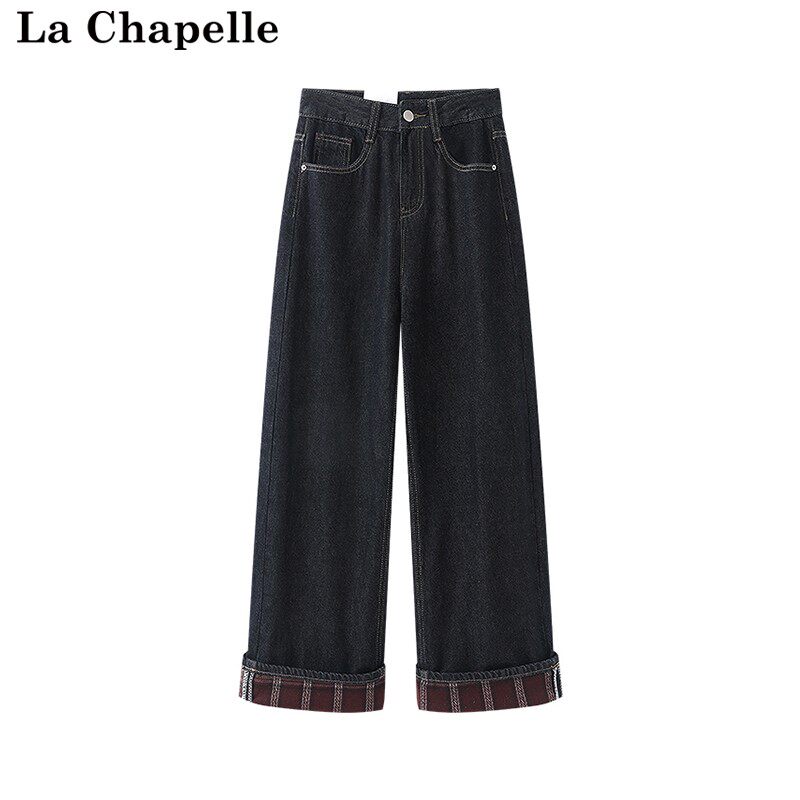 拉夏贝尔/La Chapelle秋冬复古设计感小众格子卷边撞色牛仔裤高腰,女装/女士精品,牛仔裤,淘宝优惠券,粉丝福利购,淘宝优惠卷