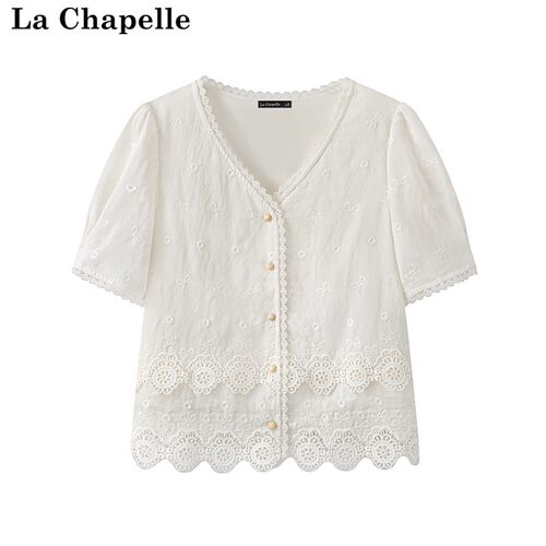 拉夏贝尔/La Chapelle法式高级感刺绣短袖衬衫女夏季新款蕾丝小衫