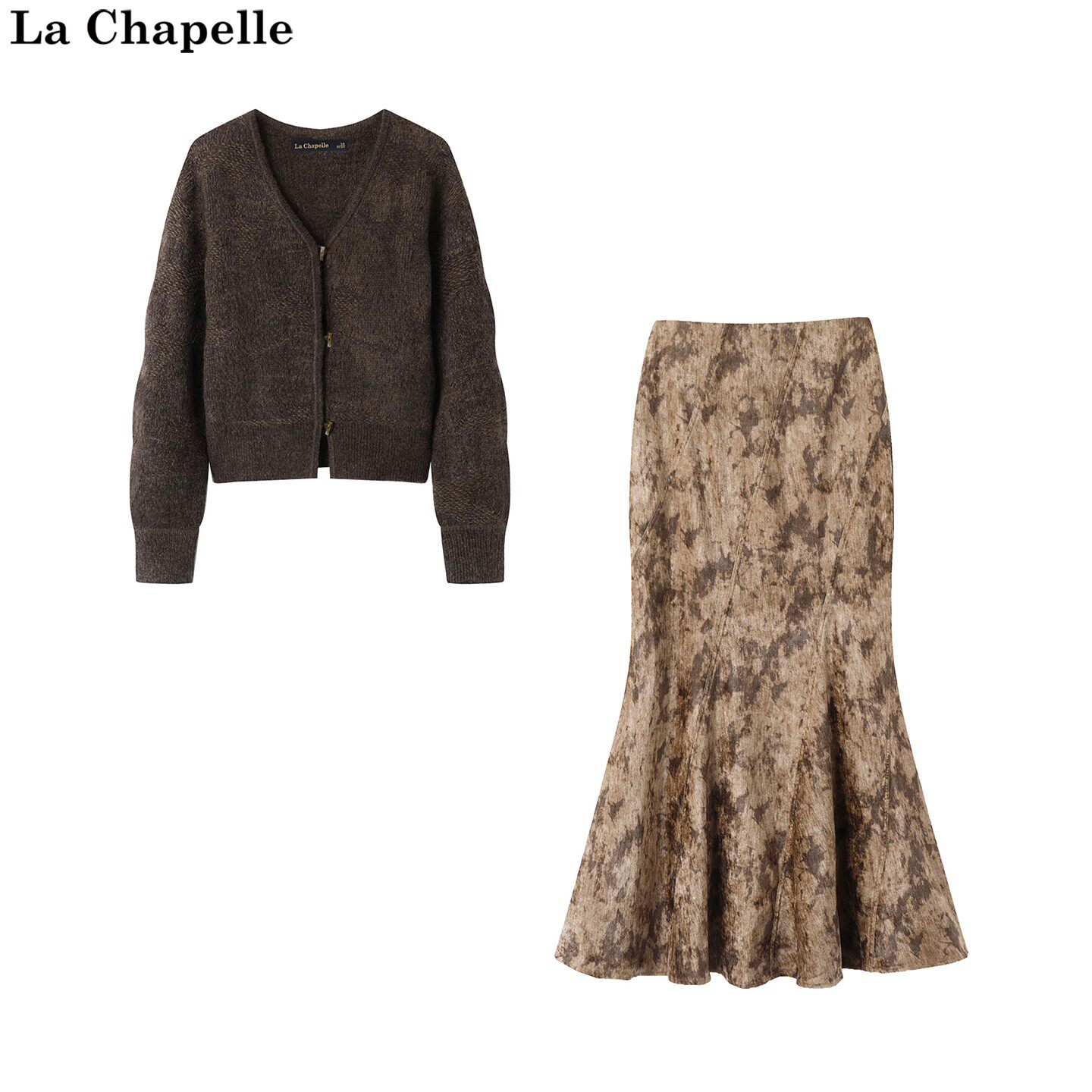 拉夏贝尔/La Chapelle秋季新款V领针织衫高腰鱼尾半身裙两件套女