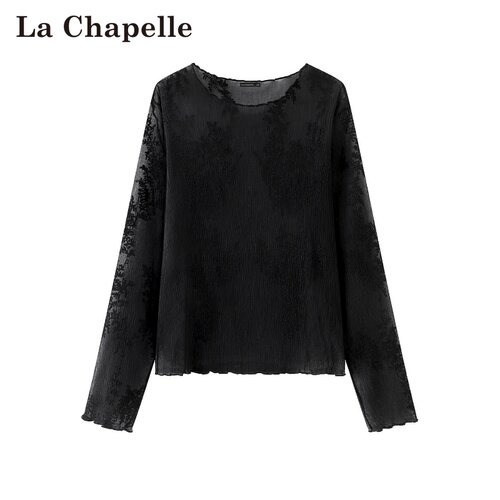 拉夏贝尔/La Chapelle春夏新款套头蕾丝圆领时尚刺绣设计感打底衫