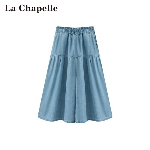 拉夏贝尔/La Chapelle春夏新款复古通勤风松紧腰阔腿七分牛仔裤女