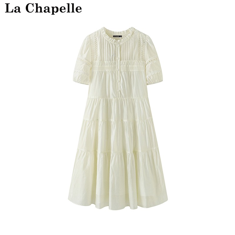 拉夏贝尔/La Chapelle新款绣花花边泡泡袖圆领垂感连衣裙显瘦裙子