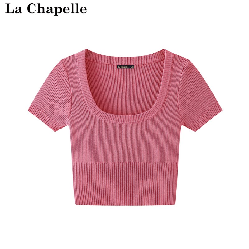 拉夏贝尔/La Chapelle夏季纯色简约方领正肩短款辣妹针织短袖T恤