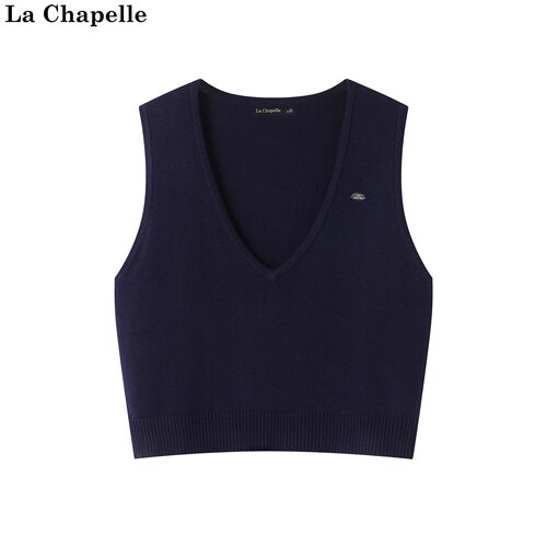 拉夏贝尔/La Chapelle秋季新款纯色V领短款通勤无袖叠穿针织马甲