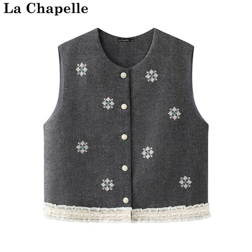 拉夏贝尔/La Chapelle春季新款蕾丝拼接刺绣通勤风无袖叠穿马甲女