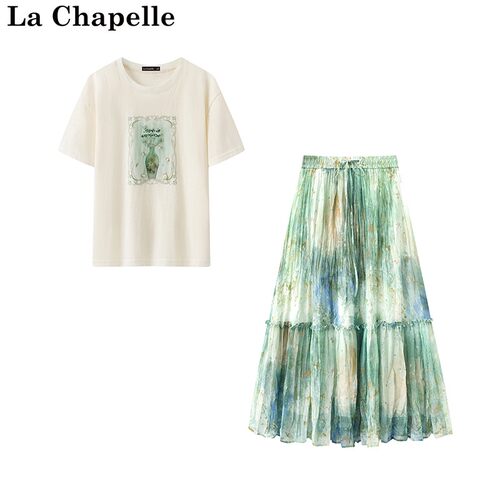 拉夏贝尔/La Chapelle印花贝壳宽松落肩T恤渐变晕染A字裙女两件套