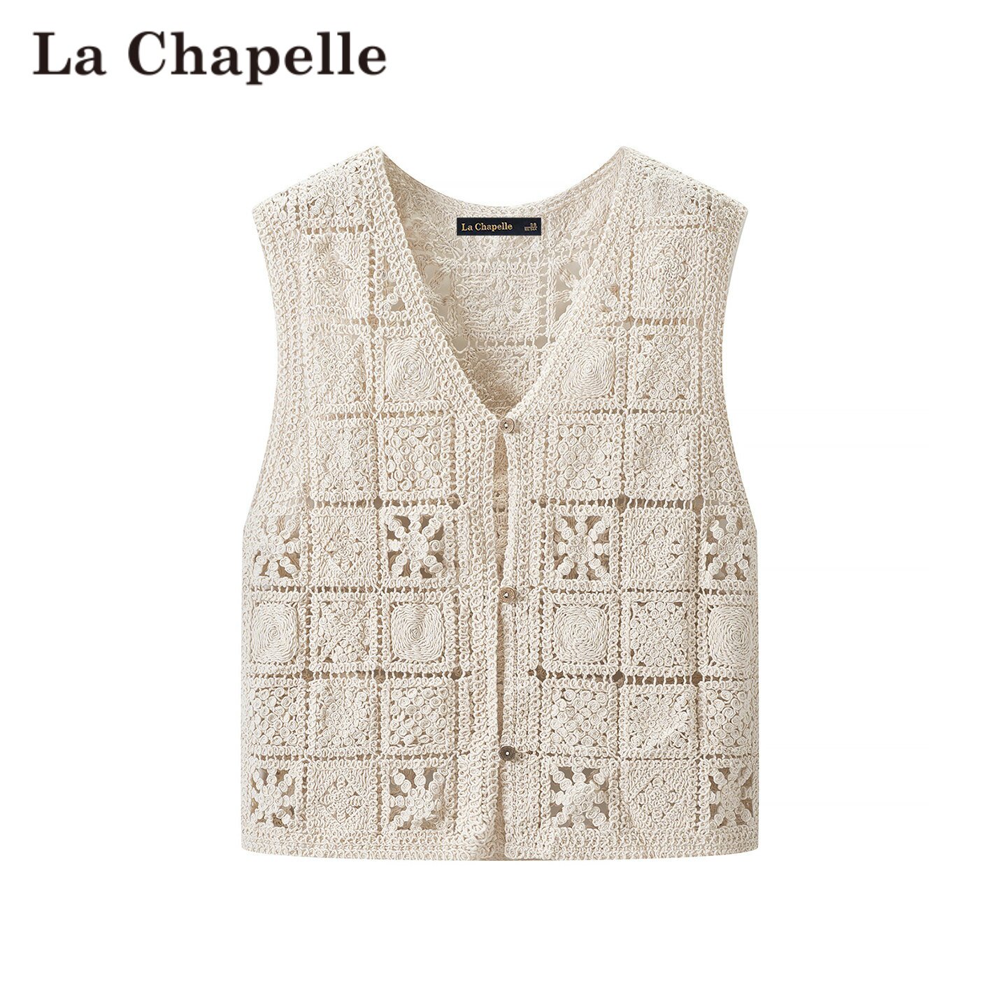 拉夏贝尔/La Chapelle复古钩花V领单排扣针织马甲女叠穿显瘦背心