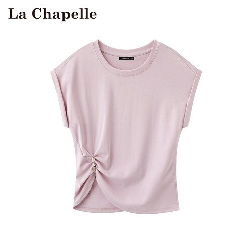 拉夏贝尔/La Chapelle夏季新款纯色圆领简约设计风褶皱修身短袖女