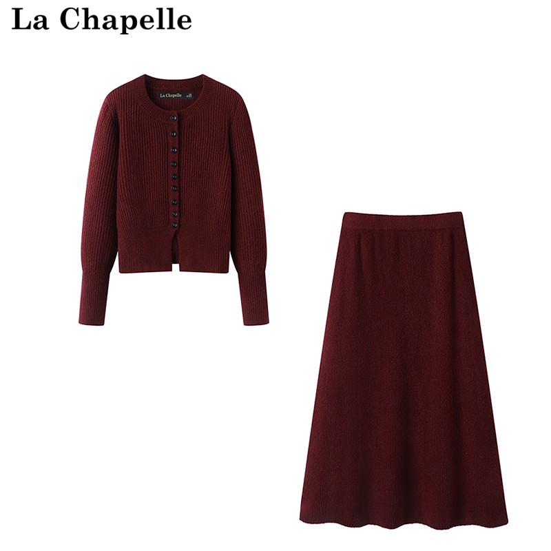 拉夏贝尔/La Chapelle冬季针织衫套装毛衣高腰A字裙长裙两件套装