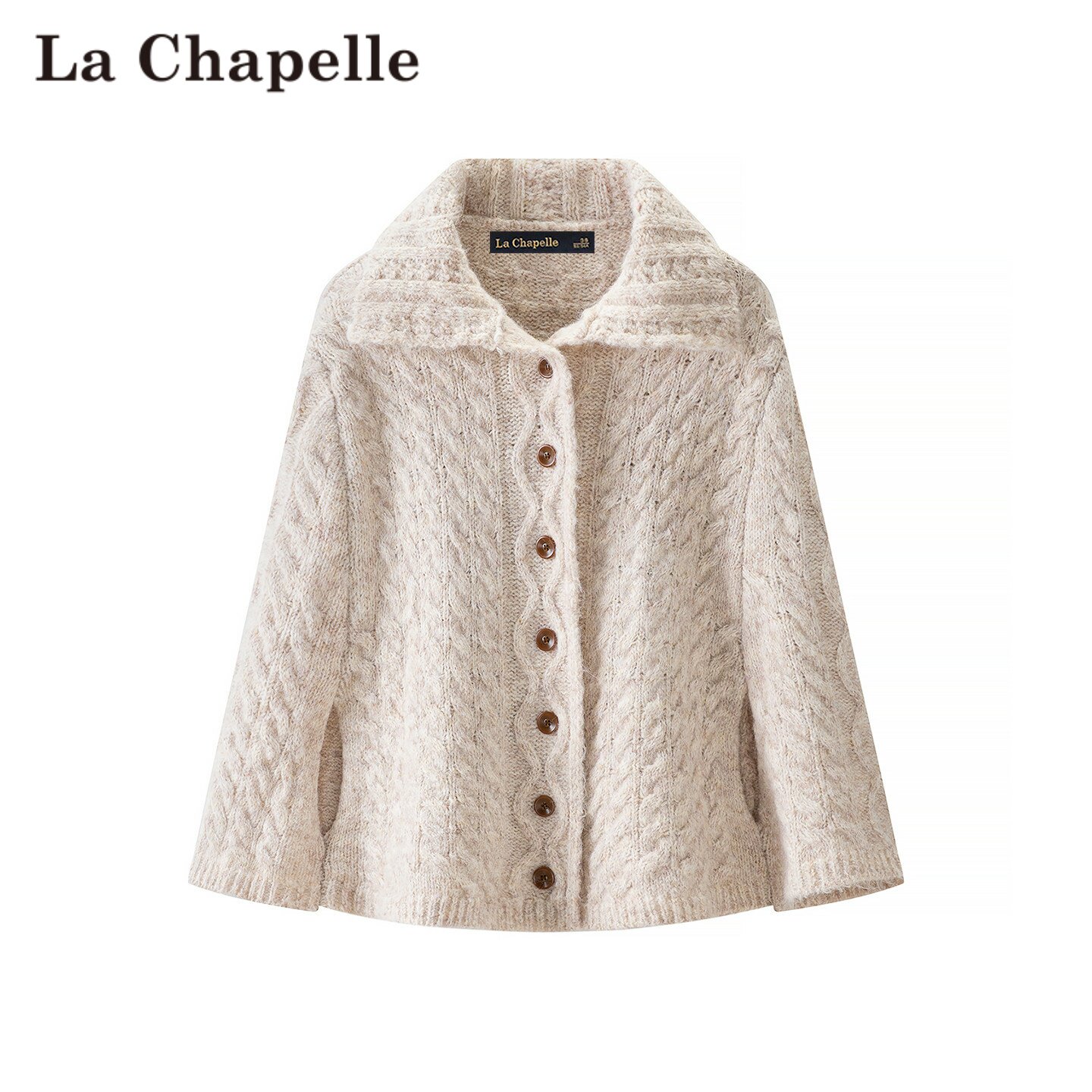 拉夏贝尔/La Chapelle慵懒风翻领麻花针织开衫秋冬宽松氛围感上衣