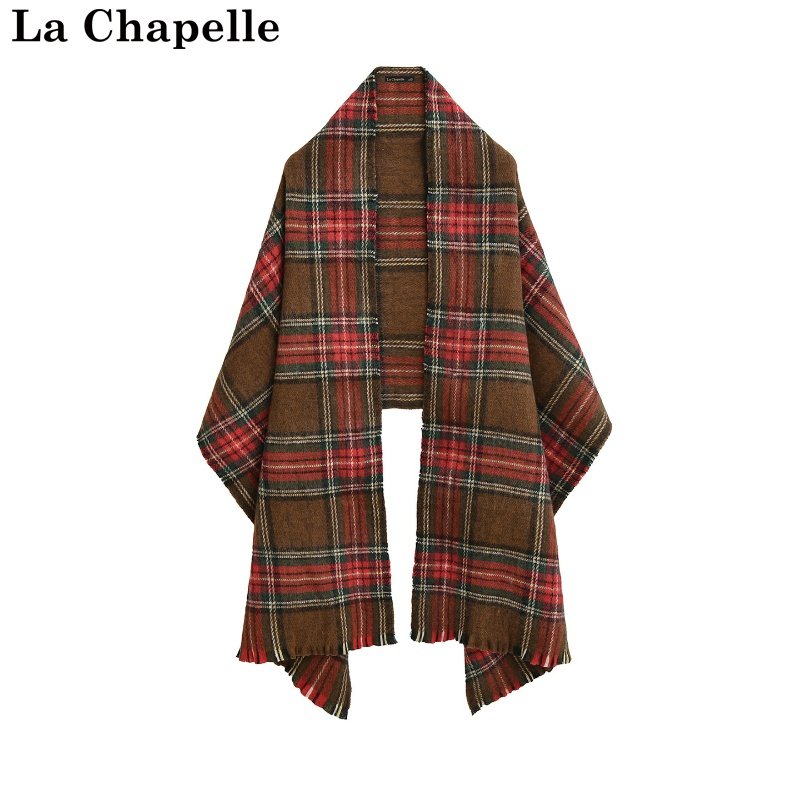 拉夏贝尔/La Chapelle冬季新款韩版双面格子围巾外搭英伦风披肩女