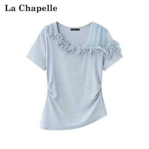 拉夏贝尔/La Chapelle夏季新款套头网纱拼接减龄收腰显瘦短袖上衣