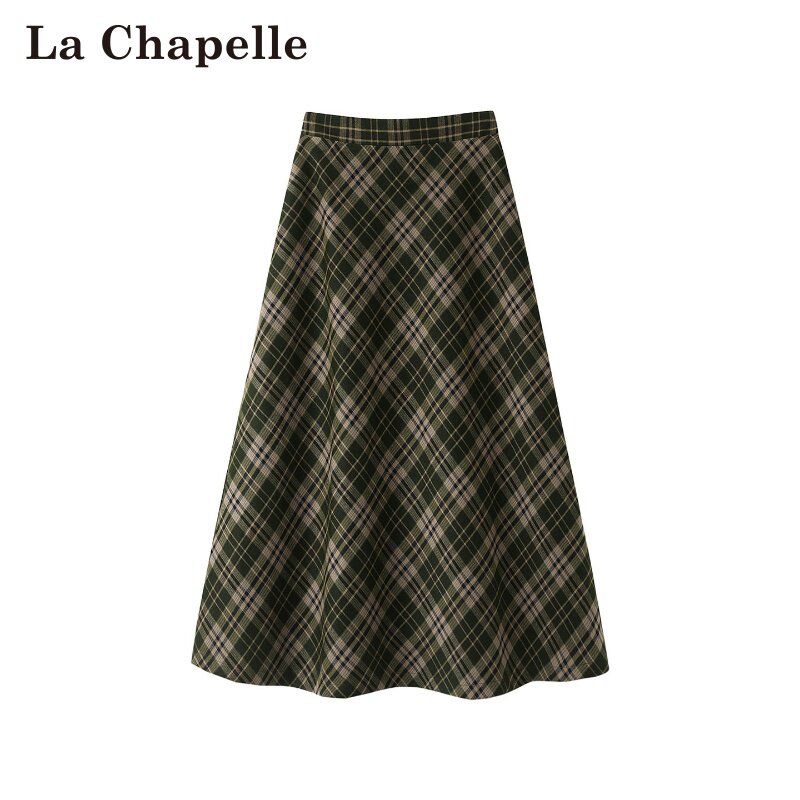拉夏贝尔/La Chapelle秋冬新款高腰格子复古风A字通勤中长半身裙