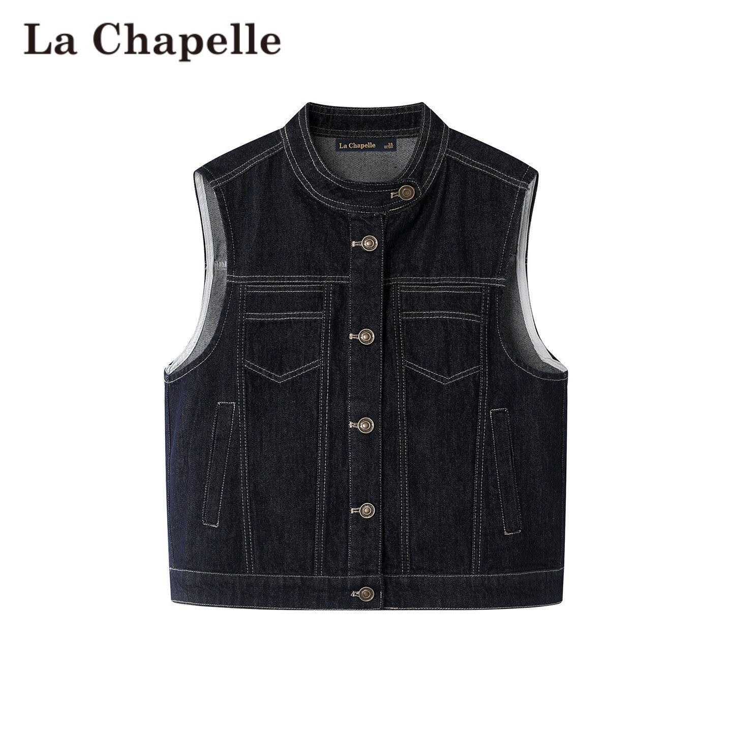 拉夏贝尔/La Chapelle韩版百搭简约圆领牛仔马甲无袖复古叠穿上衣