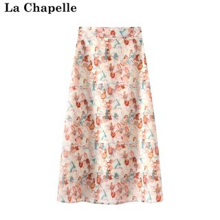 拉夏贝尔/La Chapelle韩版雪纺半身裙女夏季薄款松紧腰印花油画裙