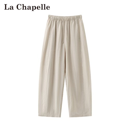 拉夏贝尔/La Chapelle春夏新款松紧腰亚麻休闲风阔腿百搭弯刀裤女