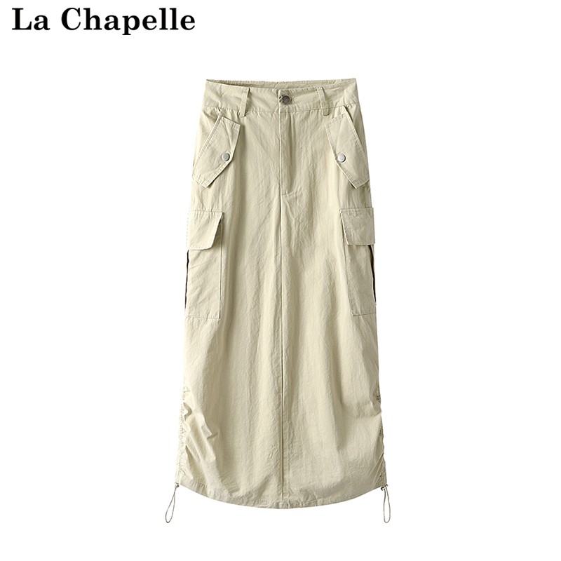 拉夏贝尔/La Chapelle高腰显瘦中长裙女夏秋款休闲工装抽绳半身裙