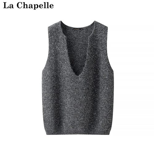 拉夏贝尔/La Chapelle春季新款亮片混纺高级感深V领外穿针织马甲
