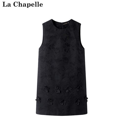 拉夏贝尔/La Chapelle春季款提花小黑裙无袖背心裙立体花朵连衣裙