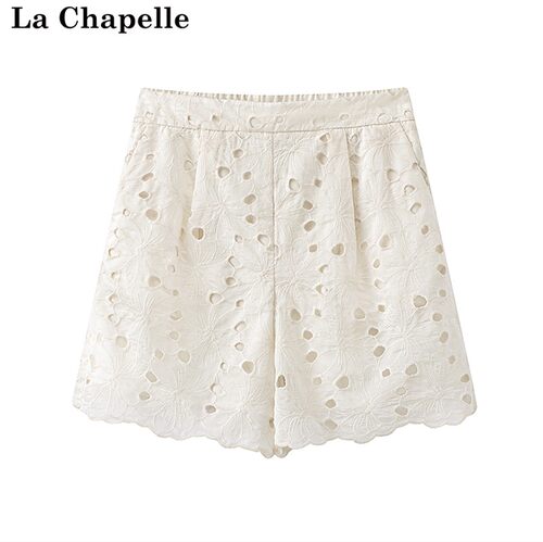 拉夏贝尔/La Chapelle夏季新款高腰松紧腰法式蕾丝镂空松紧腰短裤