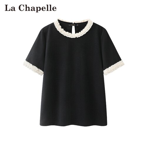 拉夏贝尔/La Chapelle春夏新款圆领撞色拼接赫本风钉珠短袖上衣女