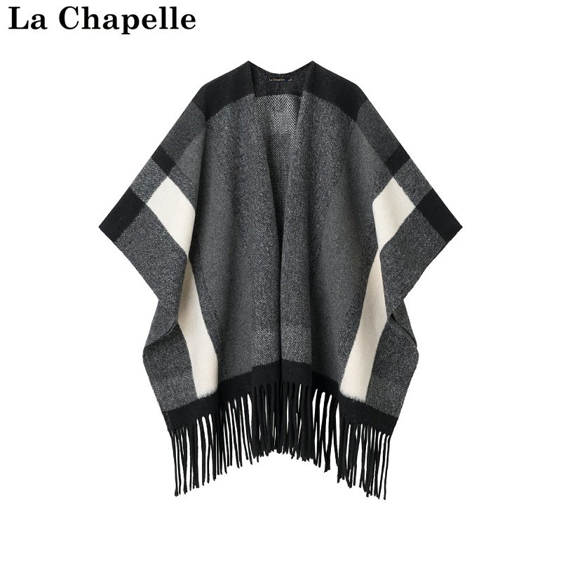 拉夏贝尔/La Chapelle冬季新款撞色格纹流苏高级感披肩加厚围巾女